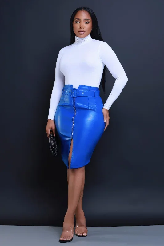 Late Fee Belted Faux Leather Midi Skirt - Blue