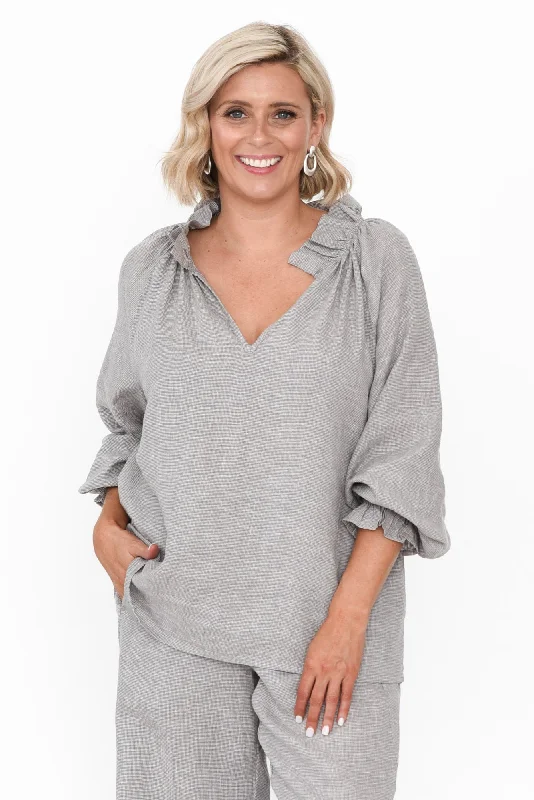 Leland Grey Linen Ruched Collar Top