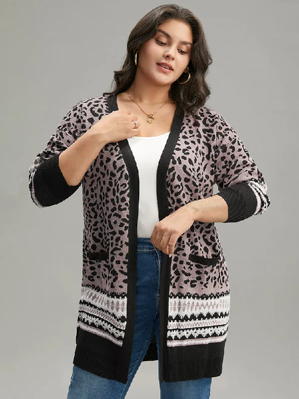 Leopard Print Pocket Contrast Trim Cardigan