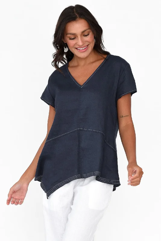 Lindy Navy Linen V Neck Top