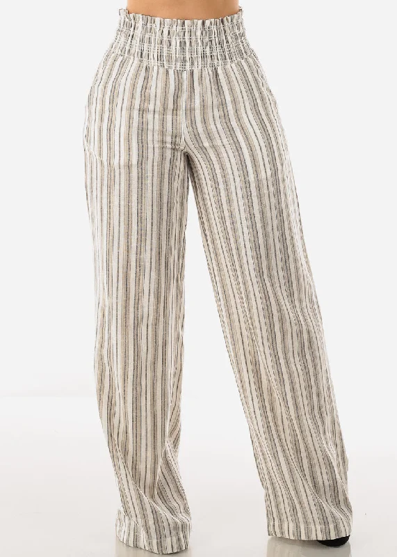 Linen Spandex Waist Striped Pants Mocha