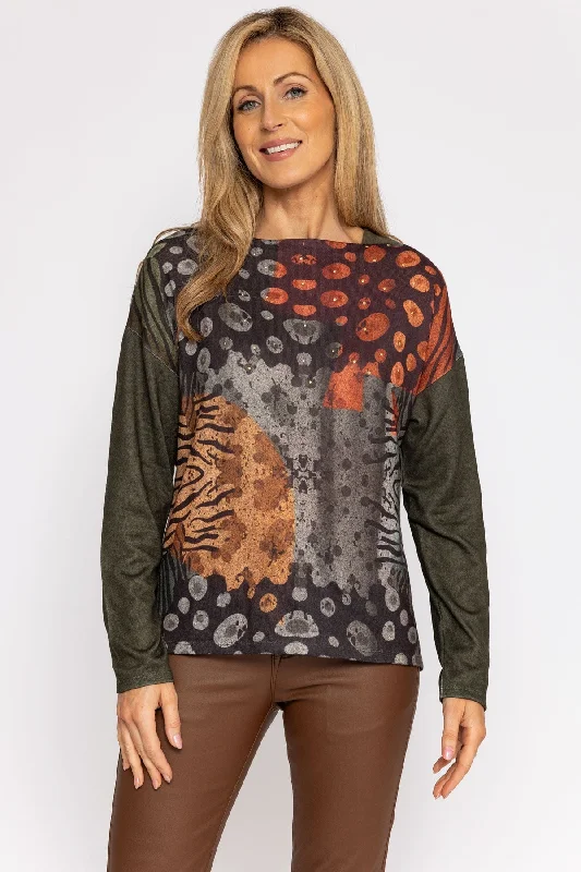 Long Sleeve Top in Khaki Print