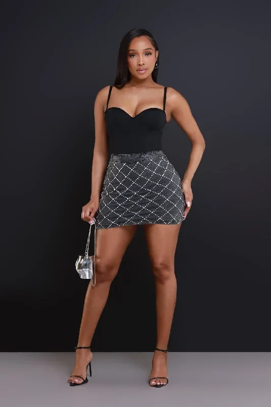 Love In The Club Rhinestone Denim Mini Skirt - Black