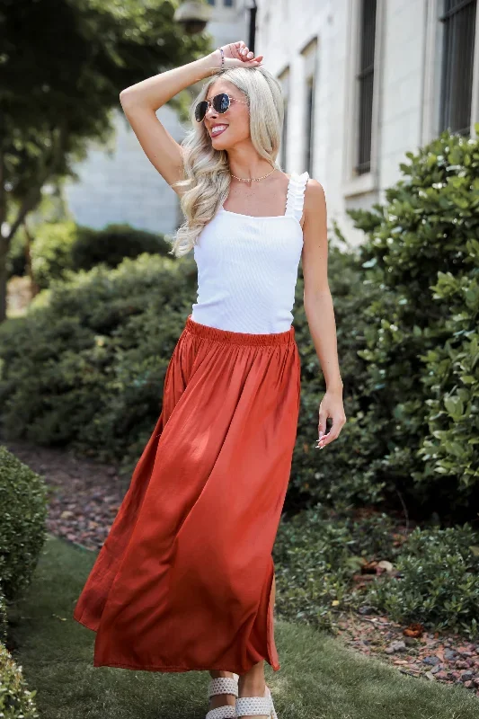 Lovely Intent Rust Satin Midi Skirt