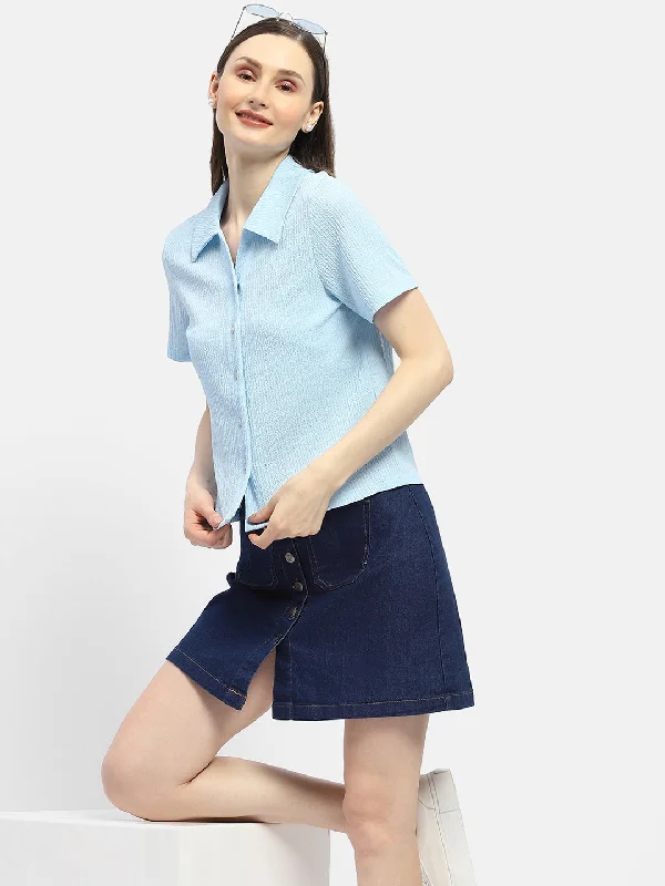 Madame Textured Sky Blue Half Sleeve Shirt