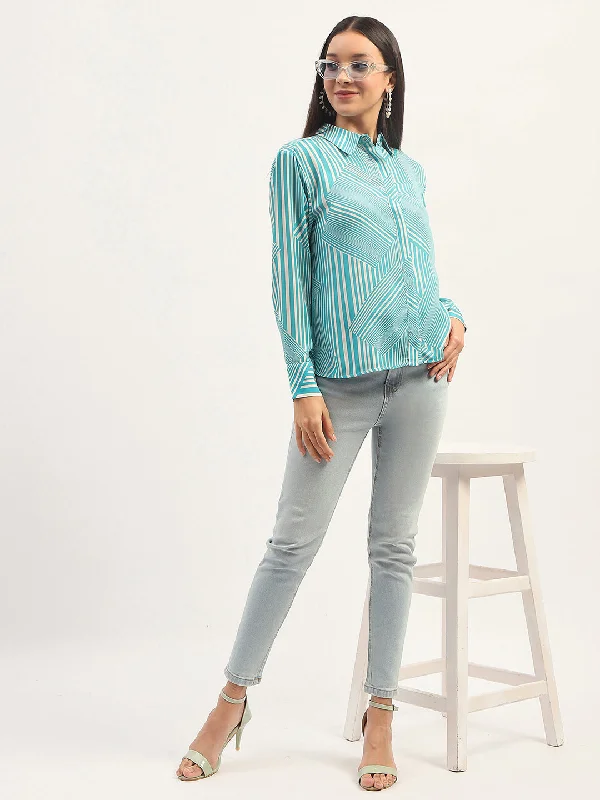 Madame Geometric Striped Aqua Shirt