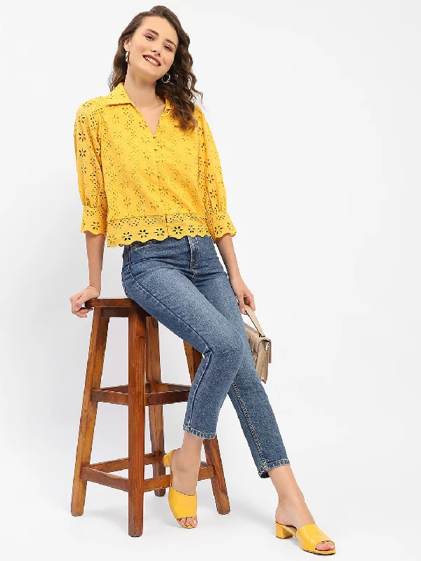 Madame Schiffli Mustard Yellow Regular Shirt