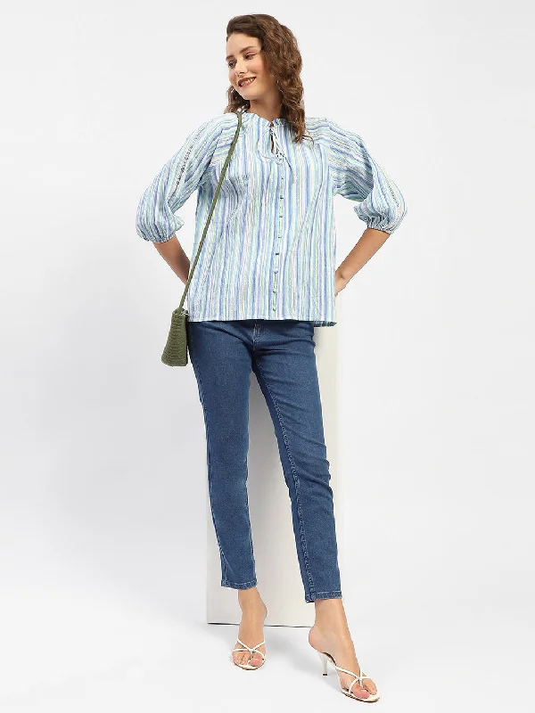 Madame Striped Sky Blue Raglan Sleeve Shirt