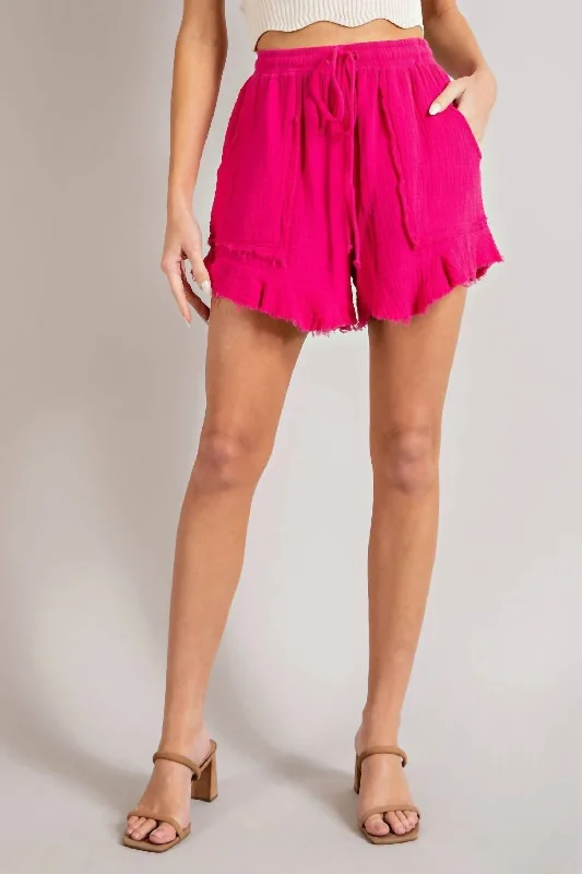 Mineral Washed Drawstring Shorts In Hot Pink