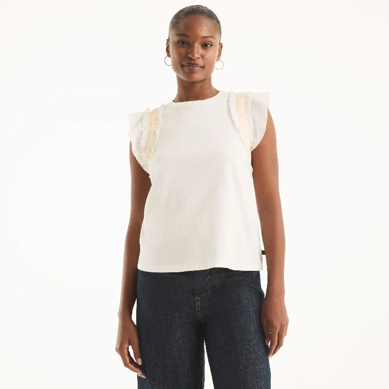 Nautica Womens Ruffle Sleeve Top With Contrast Stitch