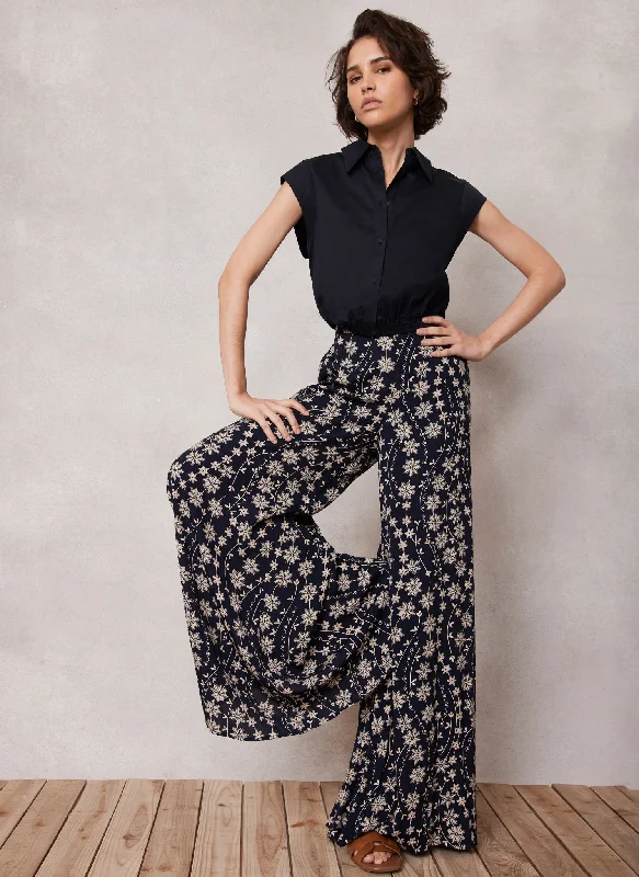 Navy Floral Print Wide Trousers