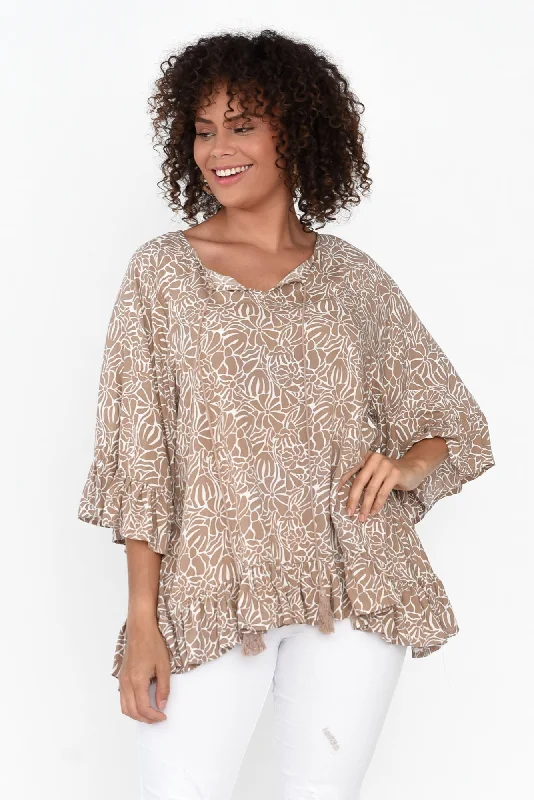 Nesryn Tan Botanical Tassel Ruffle Top