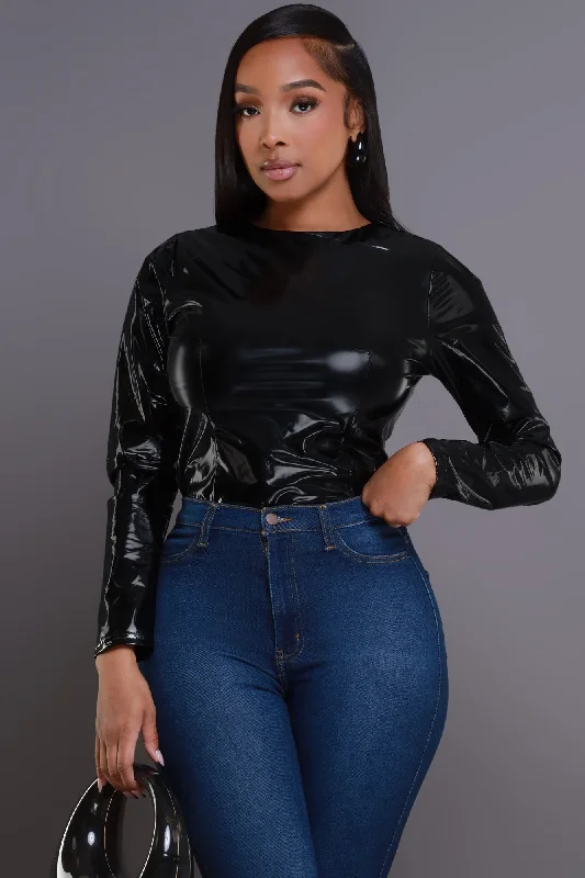 Open Late Shiny Faux Leather Top - Black