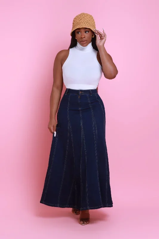 Owe You One Flared Denim Maxi Skirt - Dark Wash