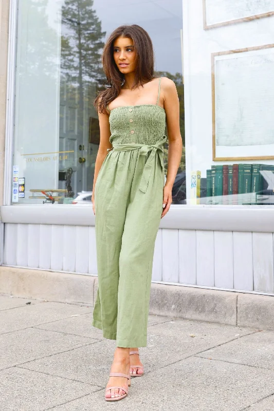 Petite Wide Leg Smocked Top Linen Jumpsuit (Light Olive)