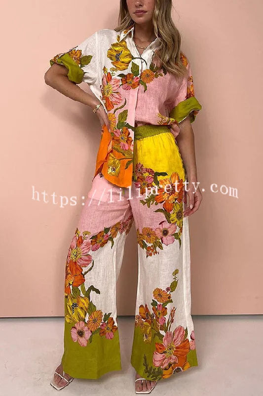 Lilipretty Martini Linen Blend Creative Flowers Elastic Waist Pocketed Wide Leg Pants