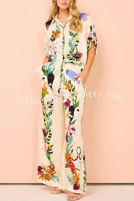 Lilipretty Claire Satin Unique Print Elastic Waist Pocketed Wide Leg Pants