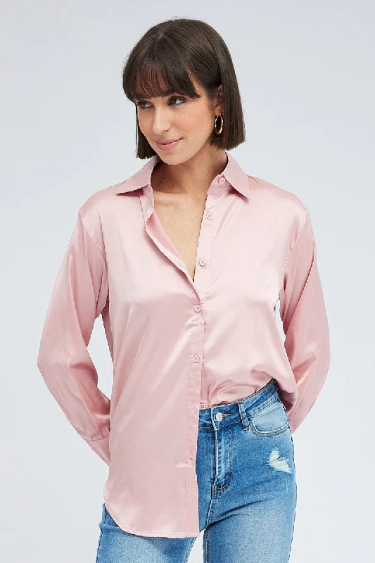 Pink Shirt Long Sleeve Collared Neck Satin