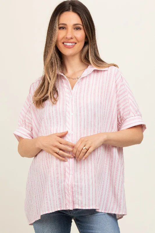 pink-striped-button-up-collared-short-sleeve-maternity-top