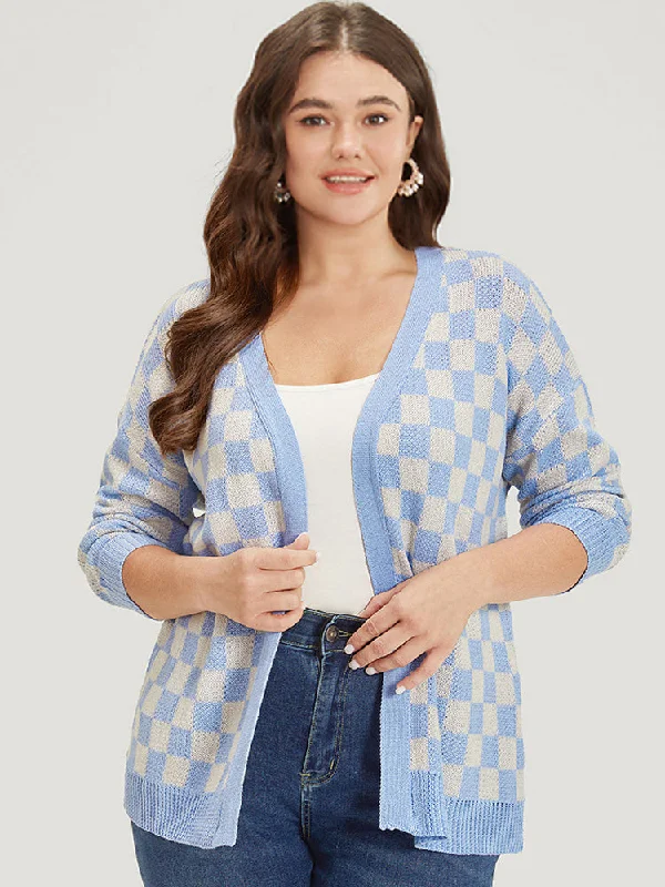 Plaid Print Open Front Elastic Cuffs Cardigan