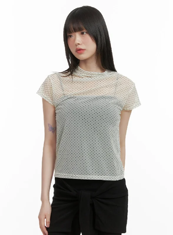 Polka Dot Mesh Turtleneck Top CY414