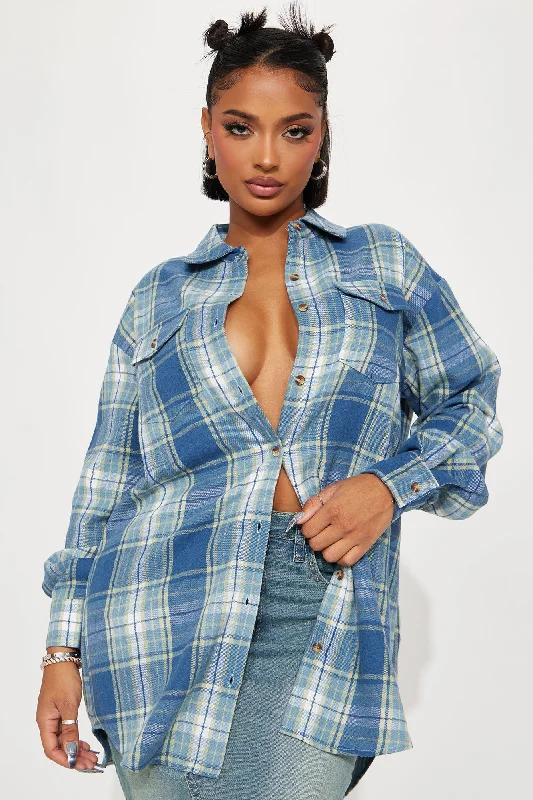 Pretty in Plaid Oversized Flannel Top - Blue/combo