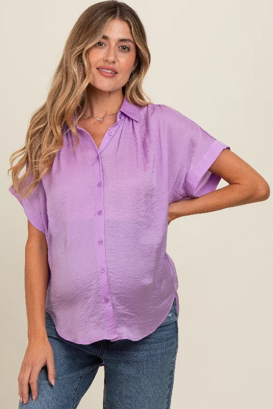 purple-satin-button-front-collared-short-sleeve-maternity-top