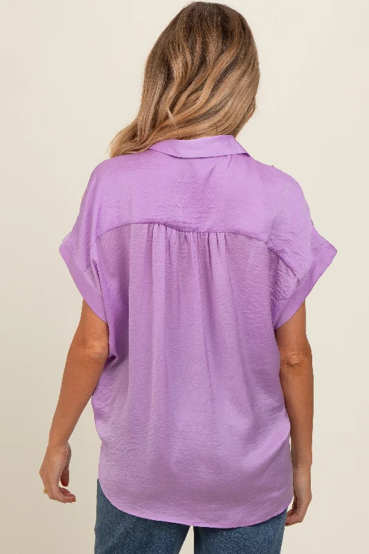 purple-satin-button-front-collared-short-sleeve-maternity-top