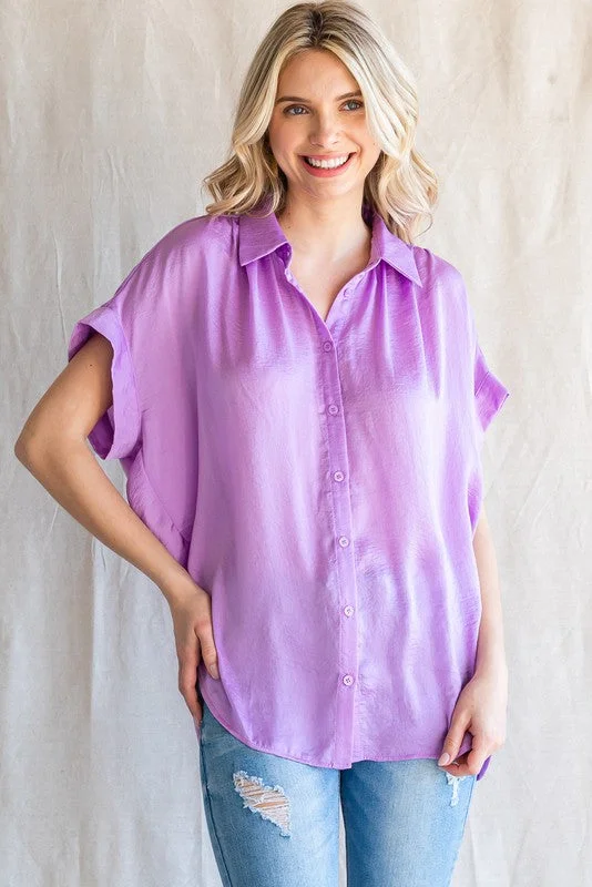 purple-satin-button-front-collared-short-sleeve-maternity-top