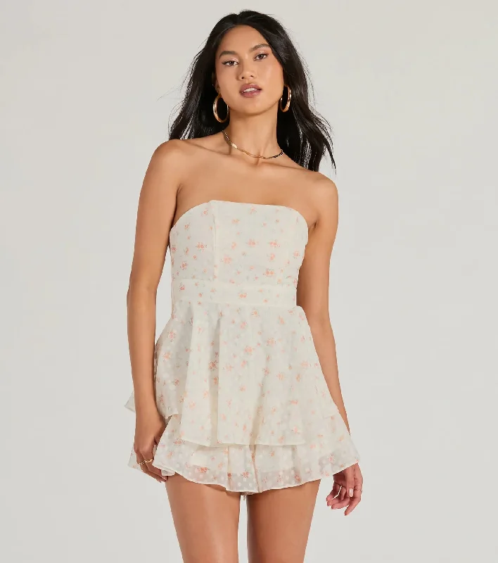 Romantic Spot Strapless Floral Chiffon Romper