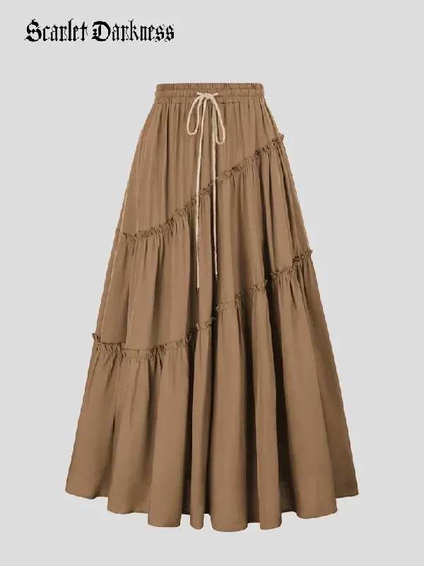 Women Pleated Tiered Swing Skirt Drawstring Maxi Skirt