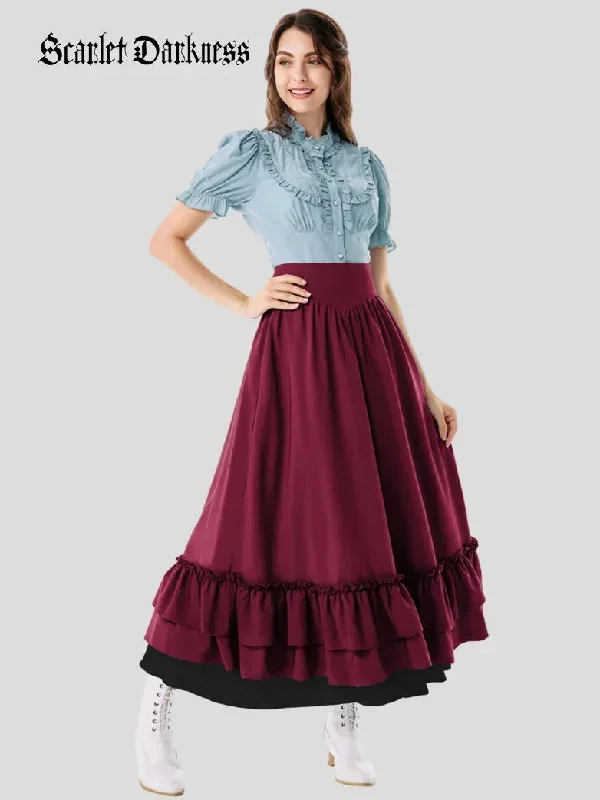 scarlet-darkness-women-victorian-skirt-high-waist-dual-layer-ruffled-hem-back-adjustable-skirt