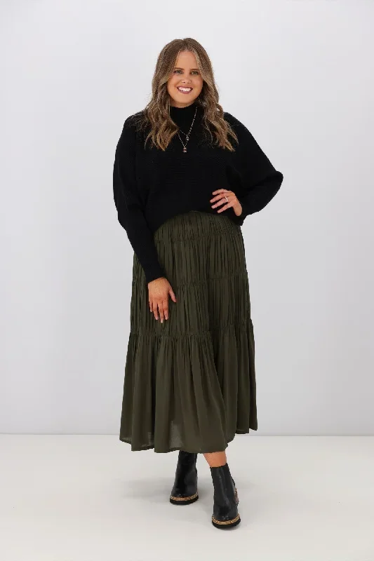 Shine On Label Bentley Gathered Tier Maxi Skirt Olive