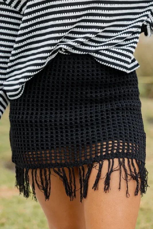 Skipping Town Black Tassel Trim Knit Mini Skirt