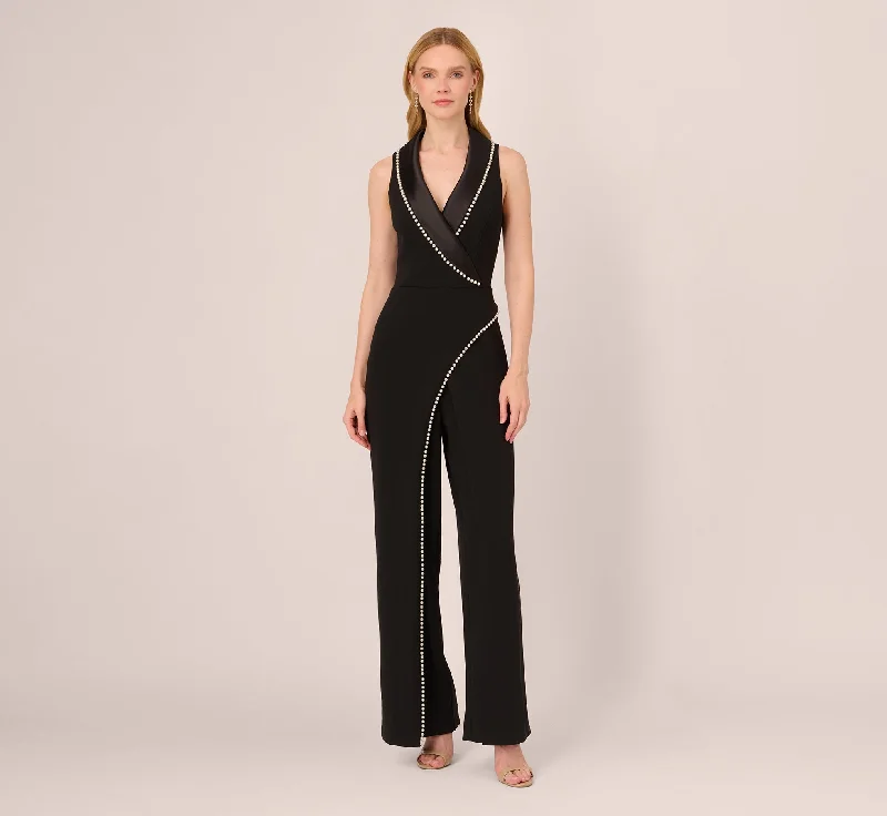 Sleeveless Crepe Tuxedo Jumpsuit With Pearl Trim In Black