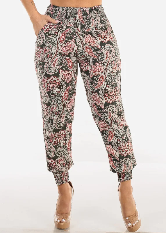 Smocked Waist Paisley Print Jogger Pants Olive