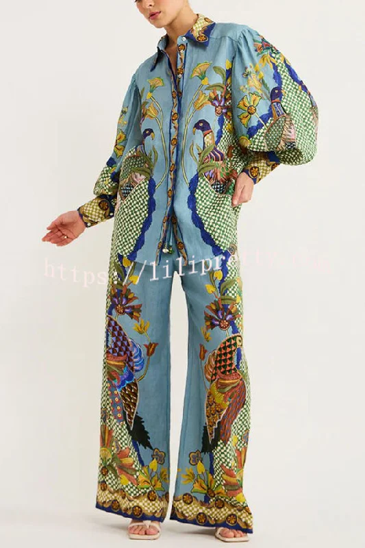 Lilipretty Smyrna Unique Heaven Bird Print Elastic Waist Pocketed Wide Leg Pants