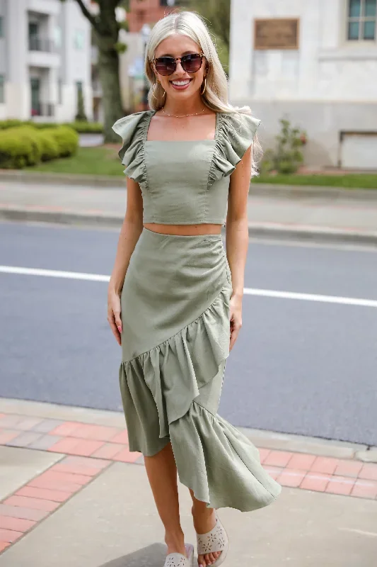 social-favorite-olive-ruffle-midi-skirt