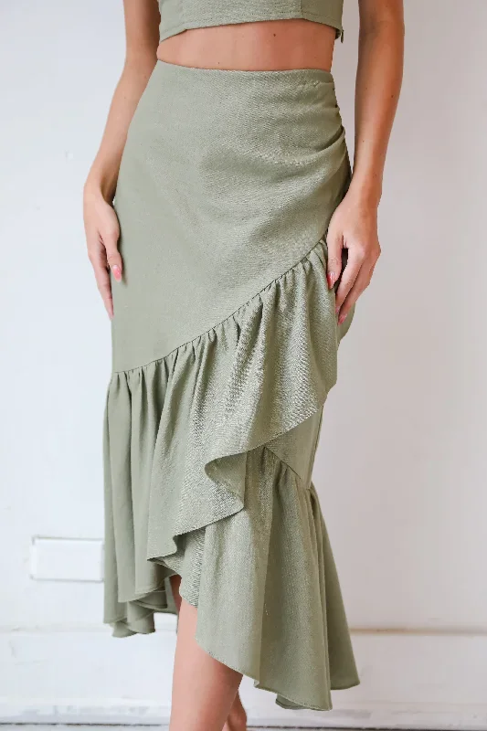 social-favorite-olive-ruffle-midi-skirt