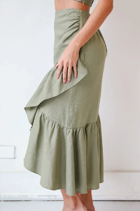 social-favorite-olive-ruffle-midi-skirt