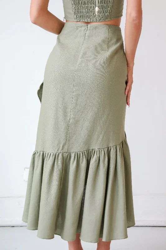 social-favorite-olive-ruffle-midi-skirt