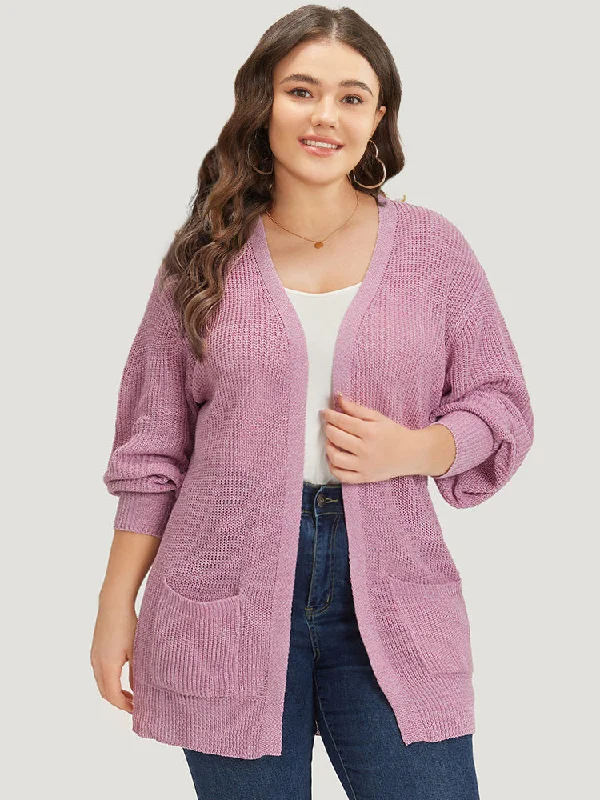 Solid Patched Pocket Lantern Sleeve Open Front Cardigan