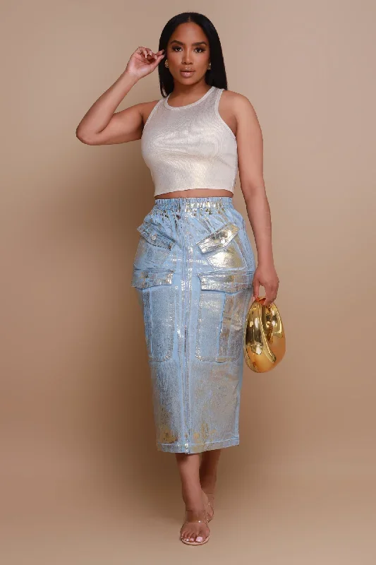 Song To Sing Denim Cargo Maxi Skirt - Blue/Gold