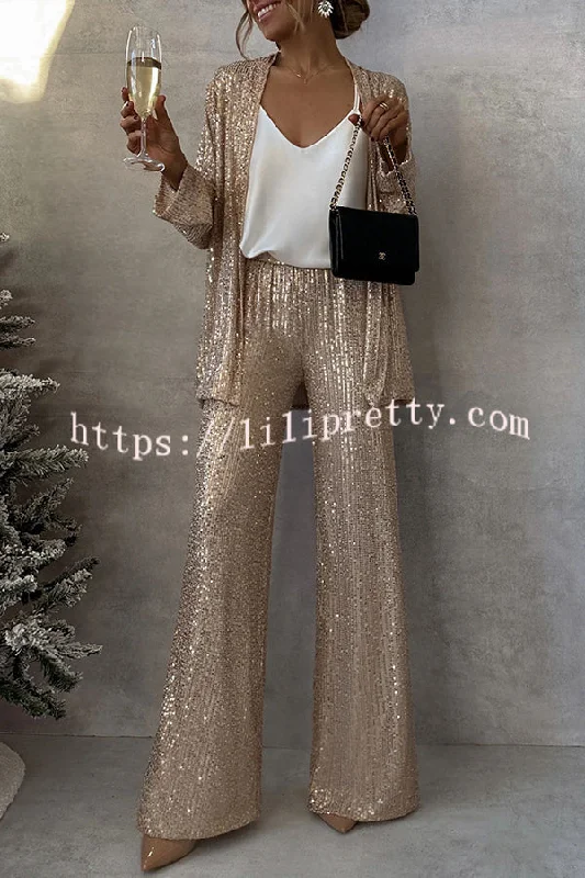 Lilipretty Party Scene Sequin High Rise Elastic Waist Wide Leg  Pants