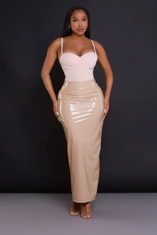 Sped Up Patent Faux Leather Maxi Skirt - Nude