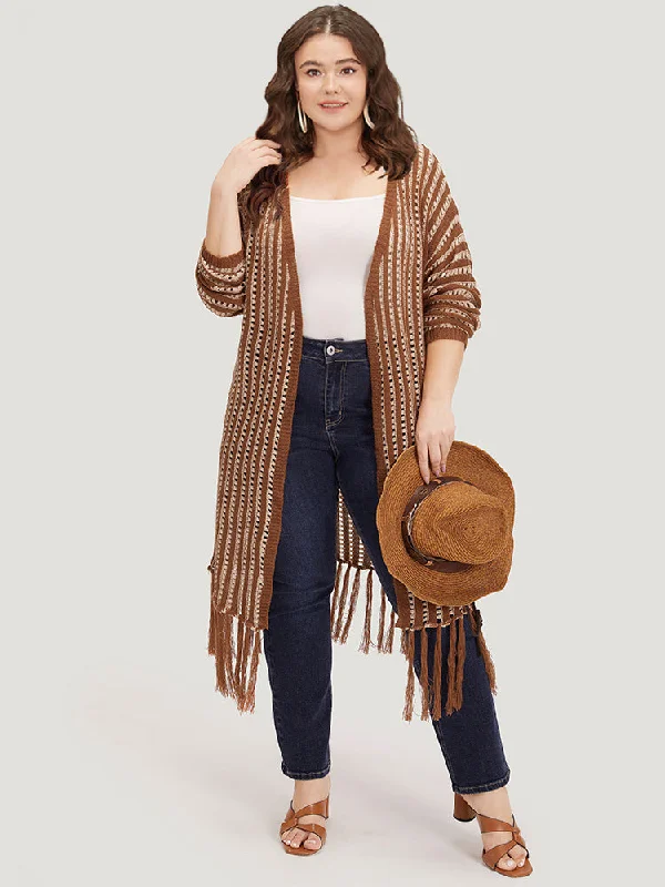 striped-open-front-tassel-trim-hollow-out-cardigan