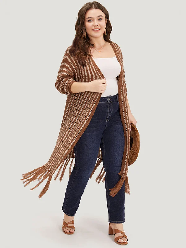 striped-open-front-tassel-trim-hollow-out-cardigan