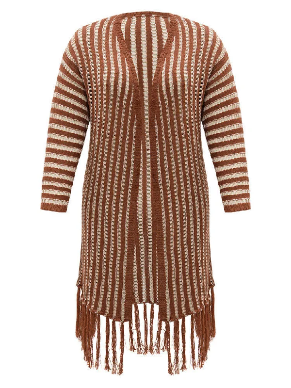 striped-open-front-tassel-trim-hollow-out-cardigan