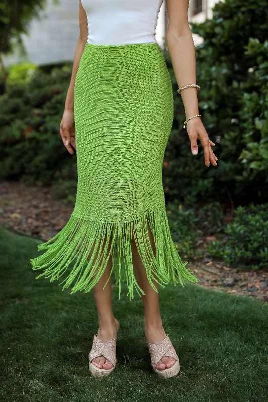 FINAL SALE - Sunshine Loving Lime Knit Fringe Midi Skirt