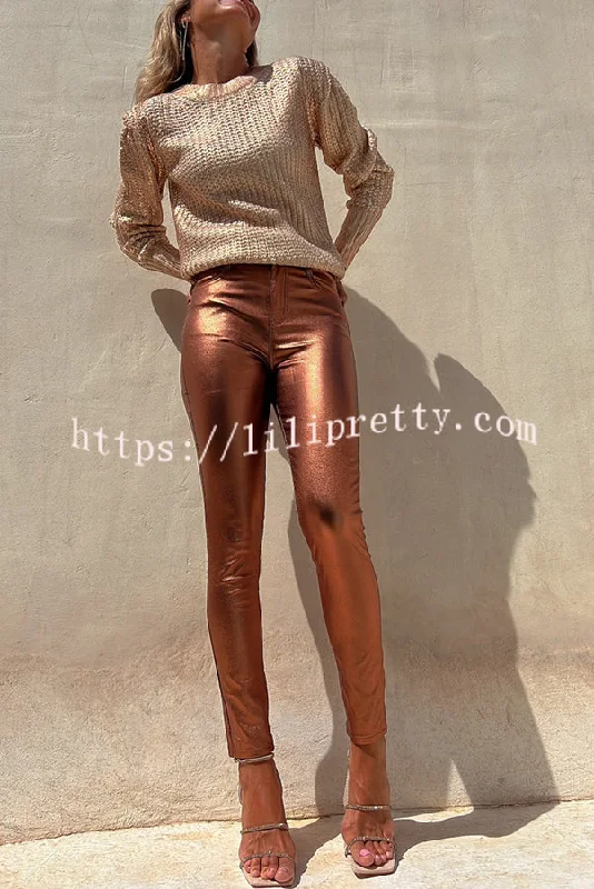 Lilipretty Sweet and Glitzy Metallic Color Pocket Faux Leather Stretch Pants